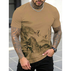 SHEIN Men's Size Small Beige and Black Mountain Graphic Short Sleeve Tee NIB